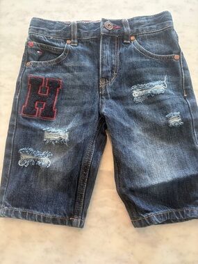 Tommy Hilfiger Dark Blue Distressed Denim Shorts with Red H Patch